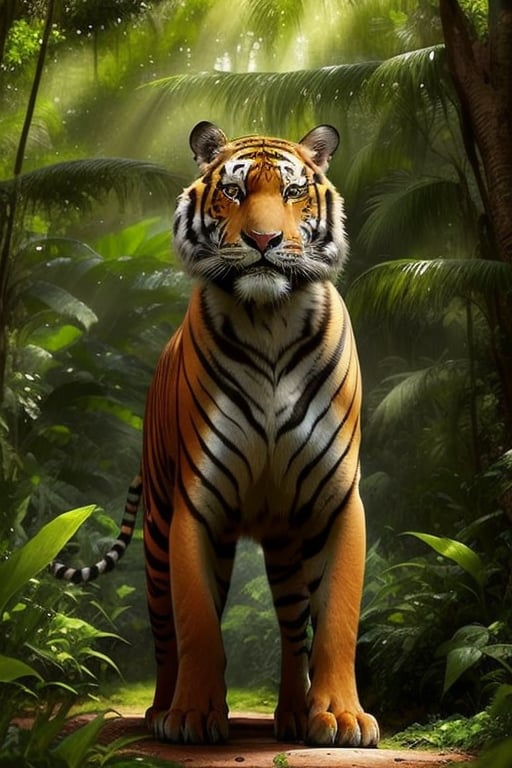 A majestic tiger standing in a dense jungle, sunlight filtering through the trees creating a dappled effect on its fur, the tiger's eyes sharp and focused, its body poised for action, the background filled with lush greenery and subtle hints of wildlife, the composition centered on the tiger with a slight diagonal tilt, capturing its powerful presence and natural environment.