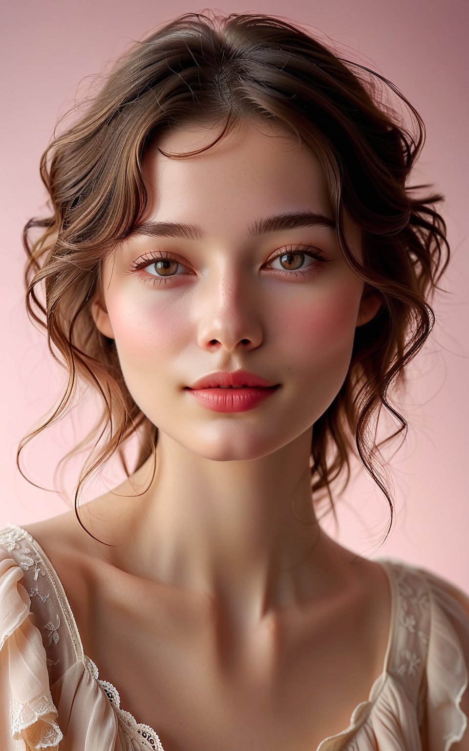 Create a realistic full body photo of a realistic, serene, soft-focus portrait of a girl with porcelain skin and almond-shaped black eyes, set against a subtle gradient background. Her oval face features high cheekbones, a pert nose, and plump lips curving into an enigmatic smile. Loose, natural waves frame her long neck and sharp jawline as she gazes calmly ahead, exuding confidence and elegance. Her cheeks flushed a perfect blend of red and pink, creating a rosy hue that accentuated her features. The color, a mixture of shades, radiated warmth and vitality. The flush on her cheeks seemed to dance with her breath, pulsating gently with each inhale and exhale. The delicate tint was a mesmerizing display of her inner emotions and vitality, making her even more alluring to the onlookers.