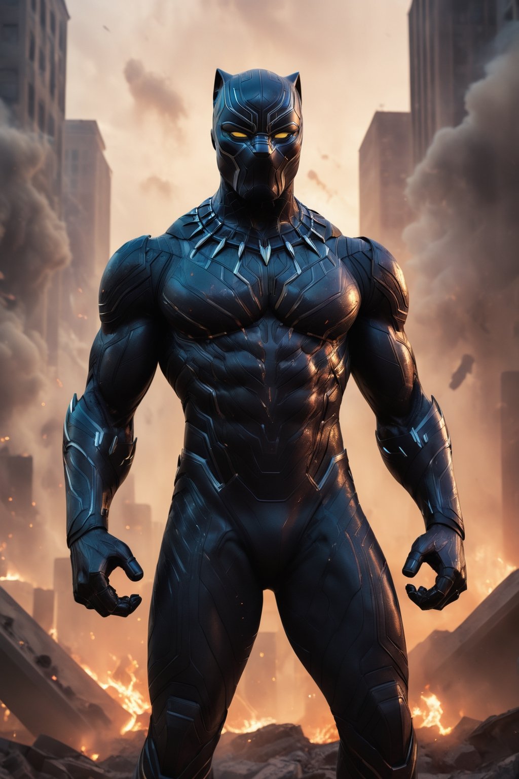 Black Panther stands in the ruins of a city,  his vibranium suit gleaming in the light. He is surrounded by smoke and flam...
