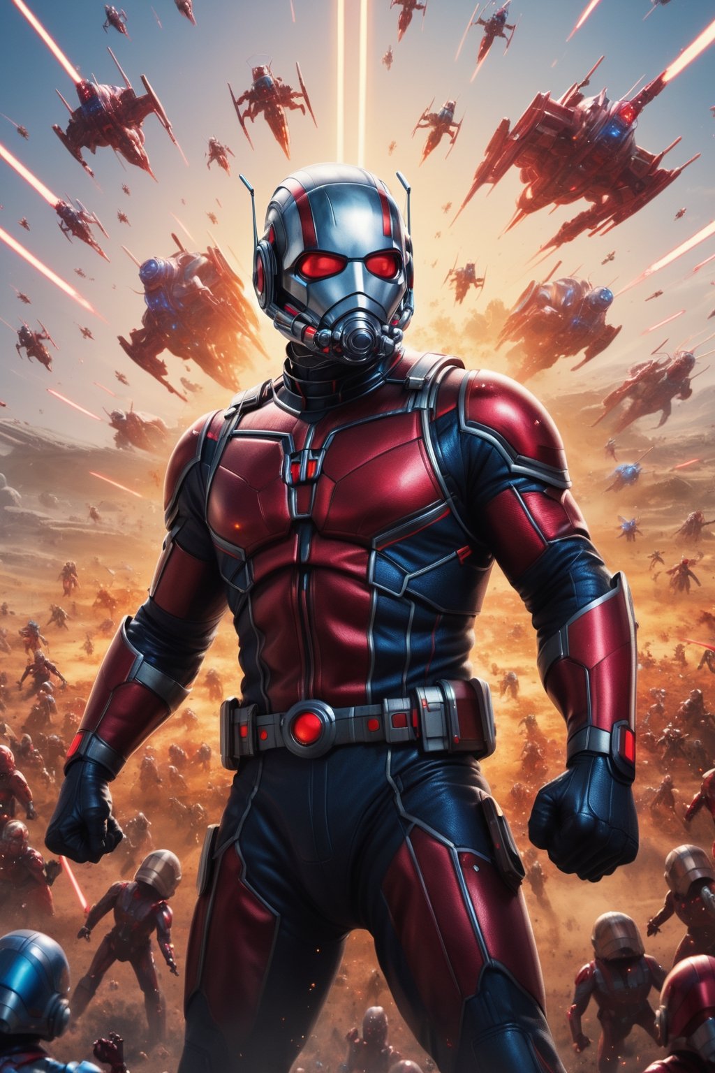 Ant-Man grows to giant size and stands on a vast battlefield,  surrounded by starships and laser fire. He is wearing a det...