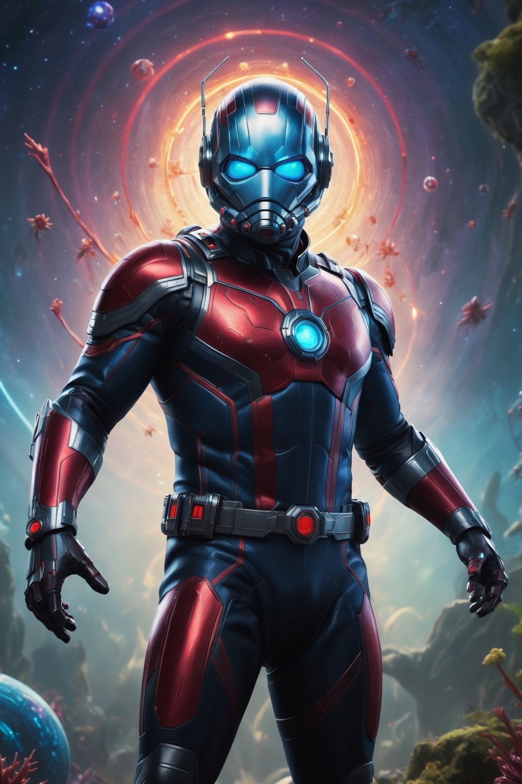 Ant-Man shrinks down to the quantum realm,  surrounded by strange and beautiful creatures. He is wearing a detailed Star W...