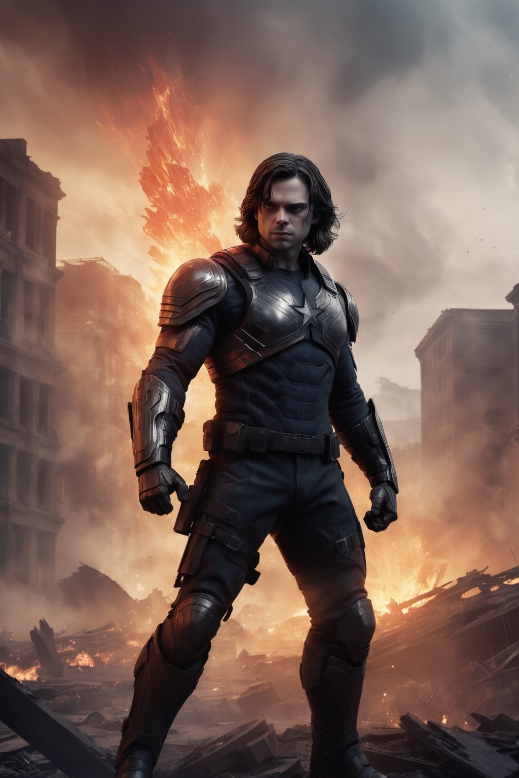Bucky Barnes stands in the ruins of a city,  his vibranium arm gleaming in the light. He is surrounded by smoke and flames...