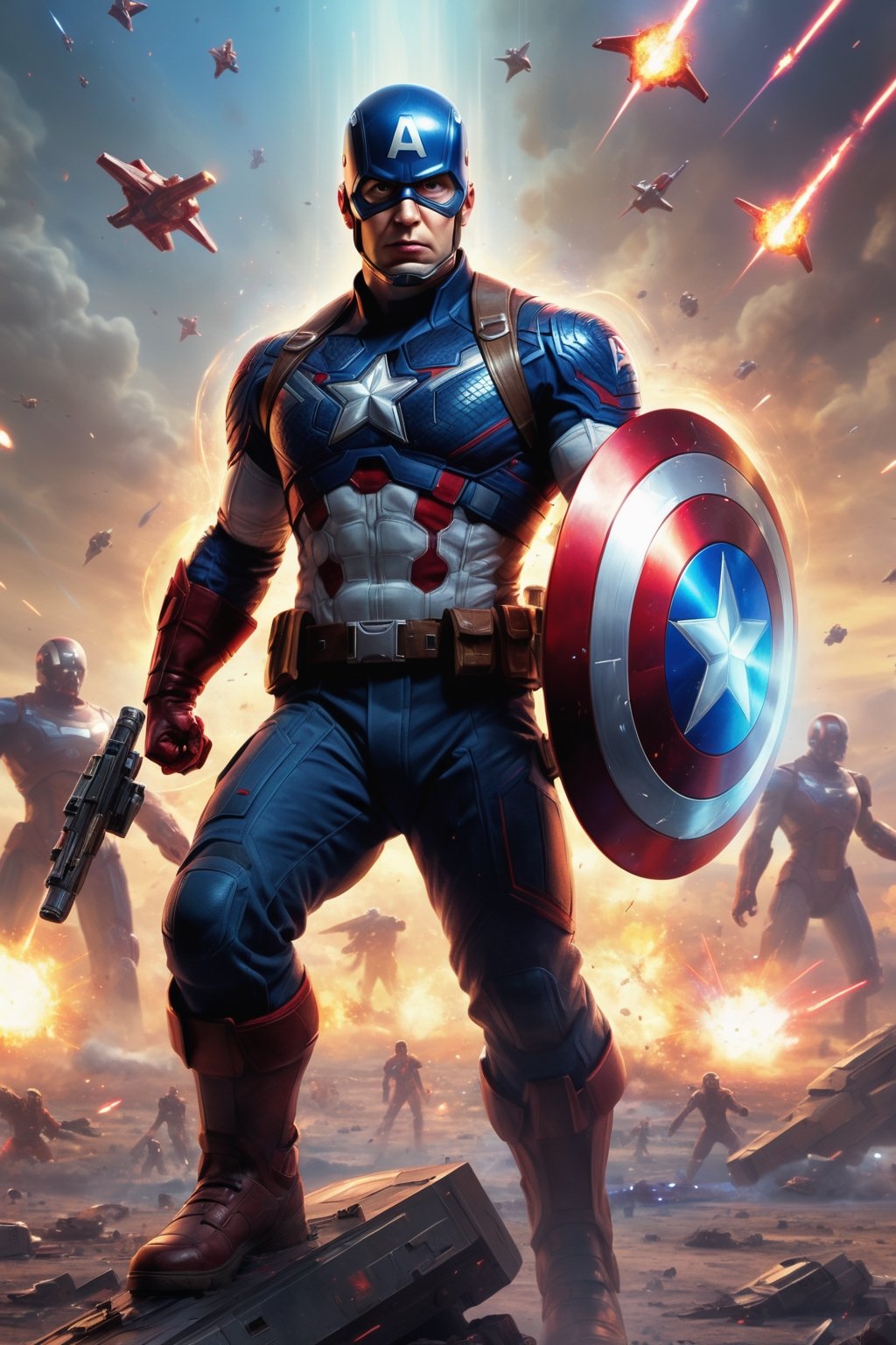 Captain America stands on a vast battlefield,  surrounded by starships and laser fire. He is wearing a detailed Star Wars-...
