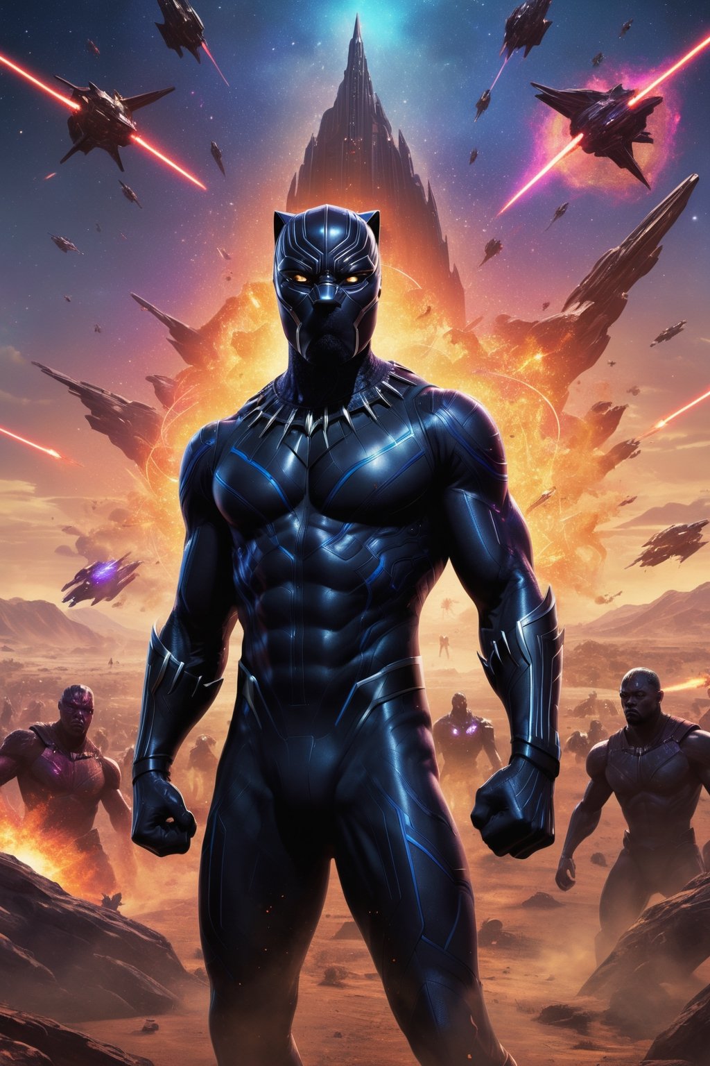 Black Panther hovers above a vast battlefield,  surrounded by starships and laser fire. He is wearing a detailed Star Wars...