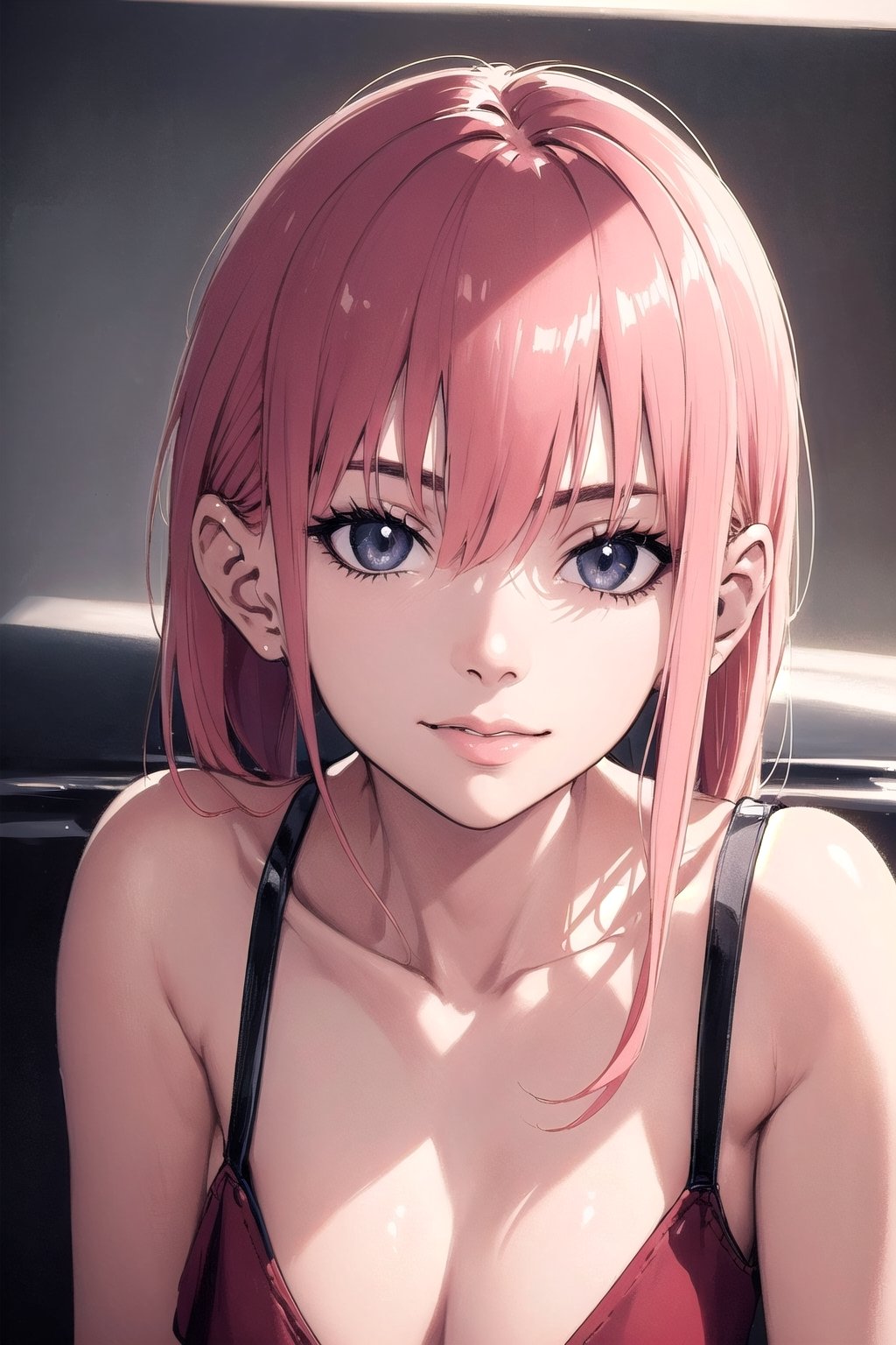 happiness!, long pink hair, dojikko pose, girly_clothing,buttercup redraw challenge (meme), full_body, car station,soft light, rim light, beautiful shadow,(photorealistic, raw photo:1.2), hyperrealism, ultra high res, 4K, Best quality, masterpiece, (cleavage:0.8) , beauty shooting studio lighting,BugCraft,1guy,portrait,1girl,makima (chainsaw man),YAMATO