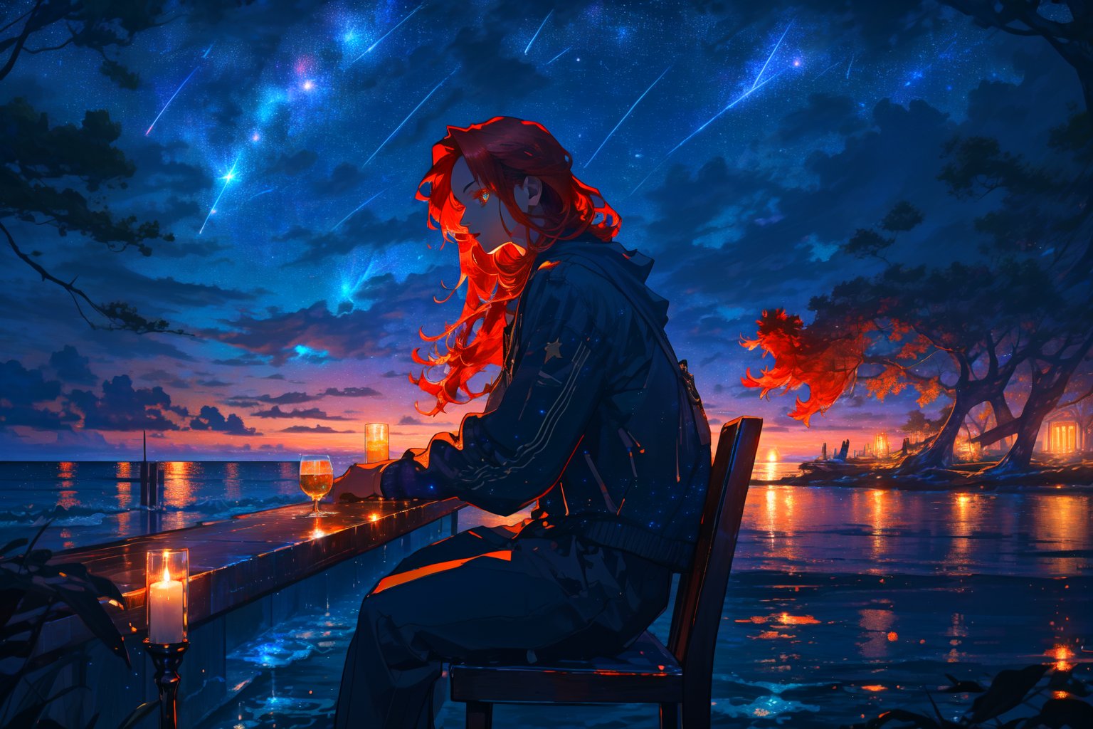 Bar in the sky, 1 man, beautiful, solo, alone, sitting at bar counter, from side, drinking, (detail face:1.3), (detail eyes:1.3), (red hair:1.3), (ocean:1.3), candles, starry sky, shooting stars, masterpiece, best quality, ultra detailed, star Rain, a big comet, medium length hair, bright stars