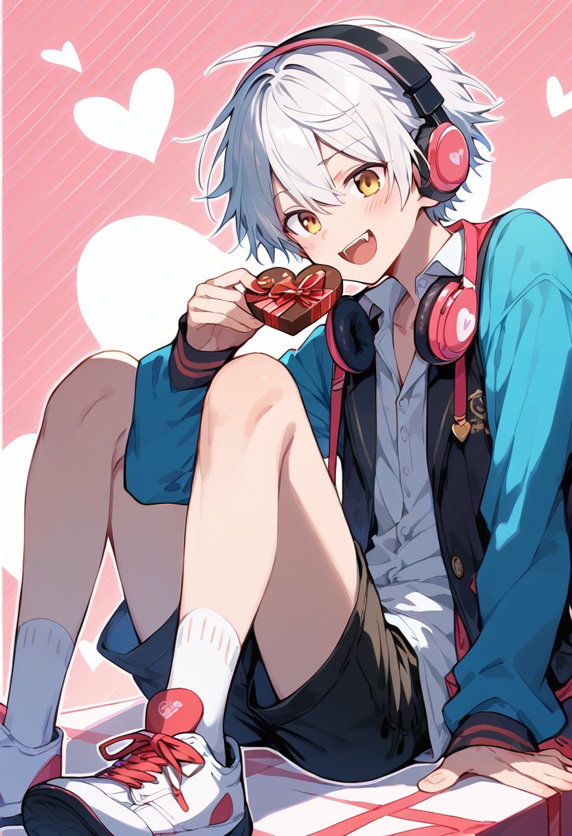 score_9, score_8_up, score_7_up, 2boys, black hair, black jacket, black legwear, black pants, black shorts, blue shirt, box, box of chocolates, chocolate, collared shirt, english text, fangs, feeding, food, gift, gift box, happy valentine, headphones, headphones around neck, heart, heart background, holding, holding box, holding chocolate, holding food, jacket, layered sleeves, long sleeves, male focus, multiple boys, open clothes, open jacket, open mouth, outline, pants, parted lips, patterned background, pink background, polka dot, polka dot background, shirt, shoes, short hair, shorts, sitting, sitting on person, sneakers, socks, teeth, valentine, vest, white footwear, white hair, white legwear, white outline, white shirt, yaoi, yellow vest