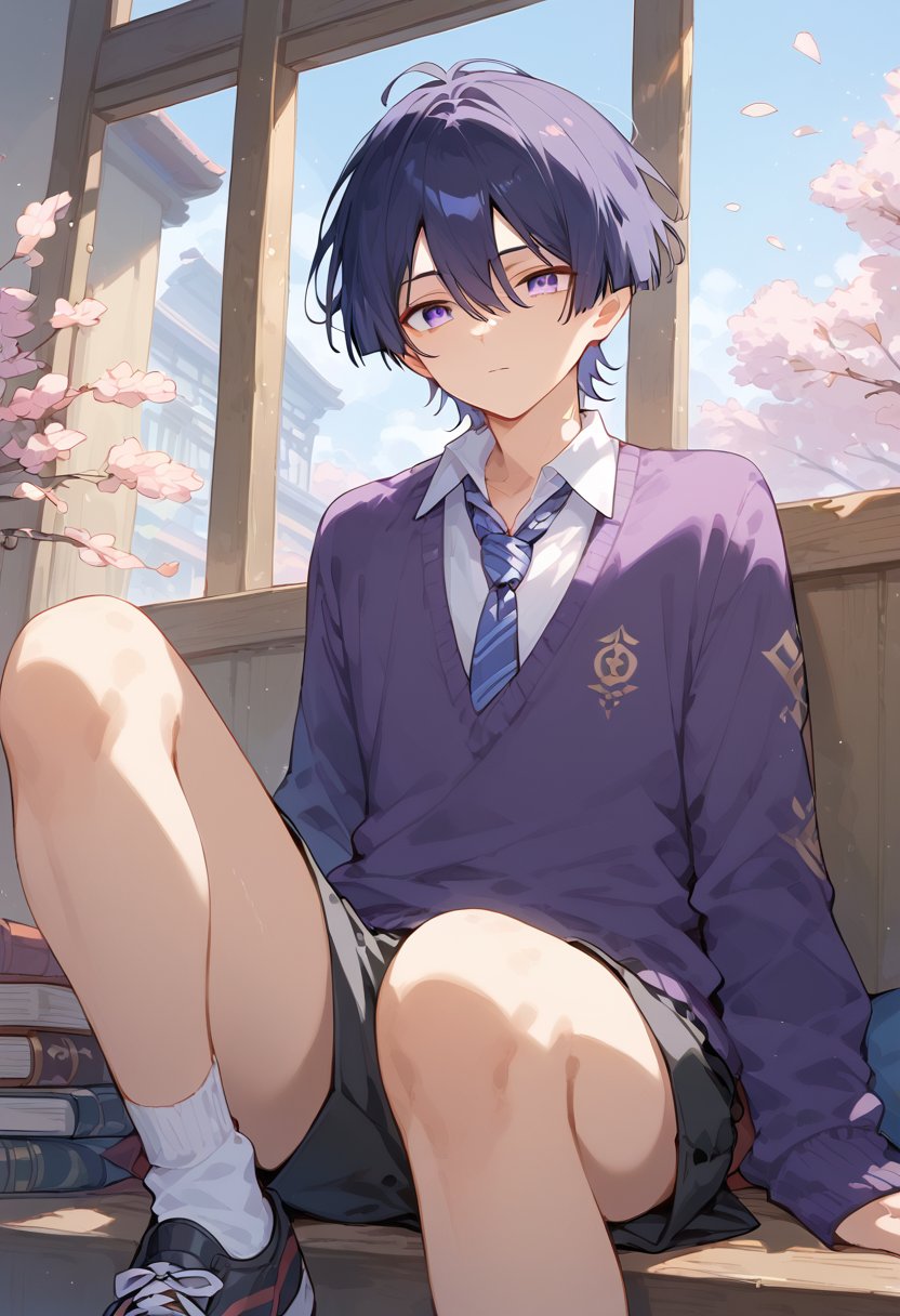 score_9, score_8_up, score_7_up, solo, (ankle socks), looking at viewer, short hair, bangs, shirt, black hair, long sleeves, 1boy, holding, hair between eyes, sitting, closed mouth, school uniform, purple eyes, white shirt, purple hair, male focus, necktie, sneakers, alternate costume, collared shirt, long pants, indoors, sweater, book, window, black long pants, cherry blossoms, blue necktie, open book, branch, striped necktie, purple sweater, scaramouche \(genshin impact\), white socks,Expressiveh, shoes