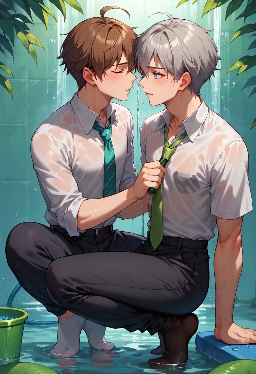 score_9, score_8_up, score_7_up, 2boys, (socks), ahoge, black pants, brown hair, bucket, collarbone, collared shirt, dated, from side, green necktie, grey hair, holding, holding hose, holding ice, hose, male focus, necktie, no jacket, pants, print shirt, shirt, short hair, squatting, standing, water, wet, white shirt,Expressiveh