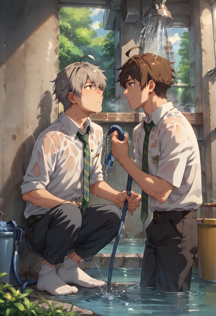 score_9, score_8_up, score_7_up, 2boys, (socks), ahoge, black pants, brown hair, bucket, collarbone, collared shirt, dated, english text, from side, green necktie, grey hair, holding, holding hose, holding ice, hose, male focus, multiple boys, necktie, no jacket, pants, print shirt, shirt, short hair, squatting, standing, water, wet, white shirt,Expressiveh