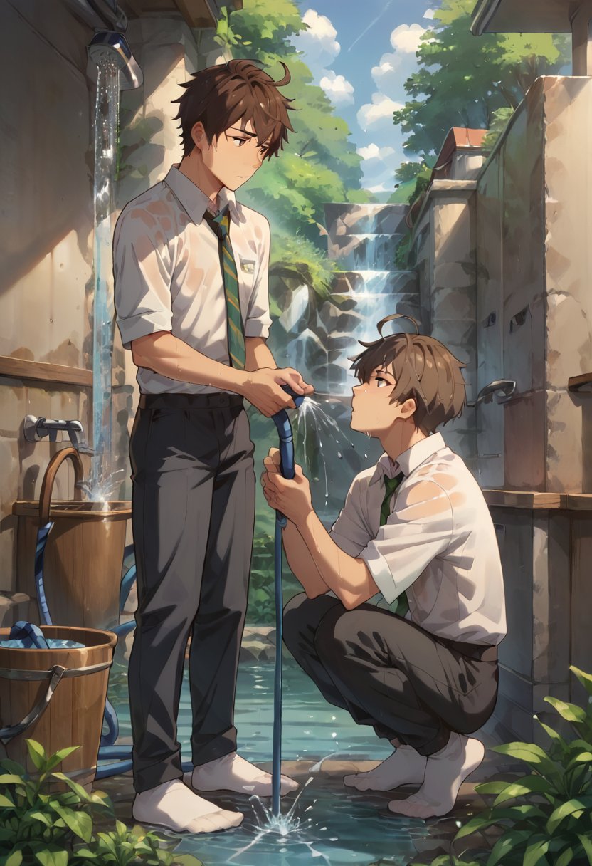 score_9, score_8_up, score_7_up, 2boys, (socks), ahoge, black pants, brown hair, bucket, collarbone, collared shirt, dated, english text, from side, green necktie, grey hair, holding, holding hose, holding ice, hose, male focus, multiple boys, necktie, no jacket, pants, print shirt, shirt, short hair, squatting, standing, water, wet, white shirt,Expressiveh