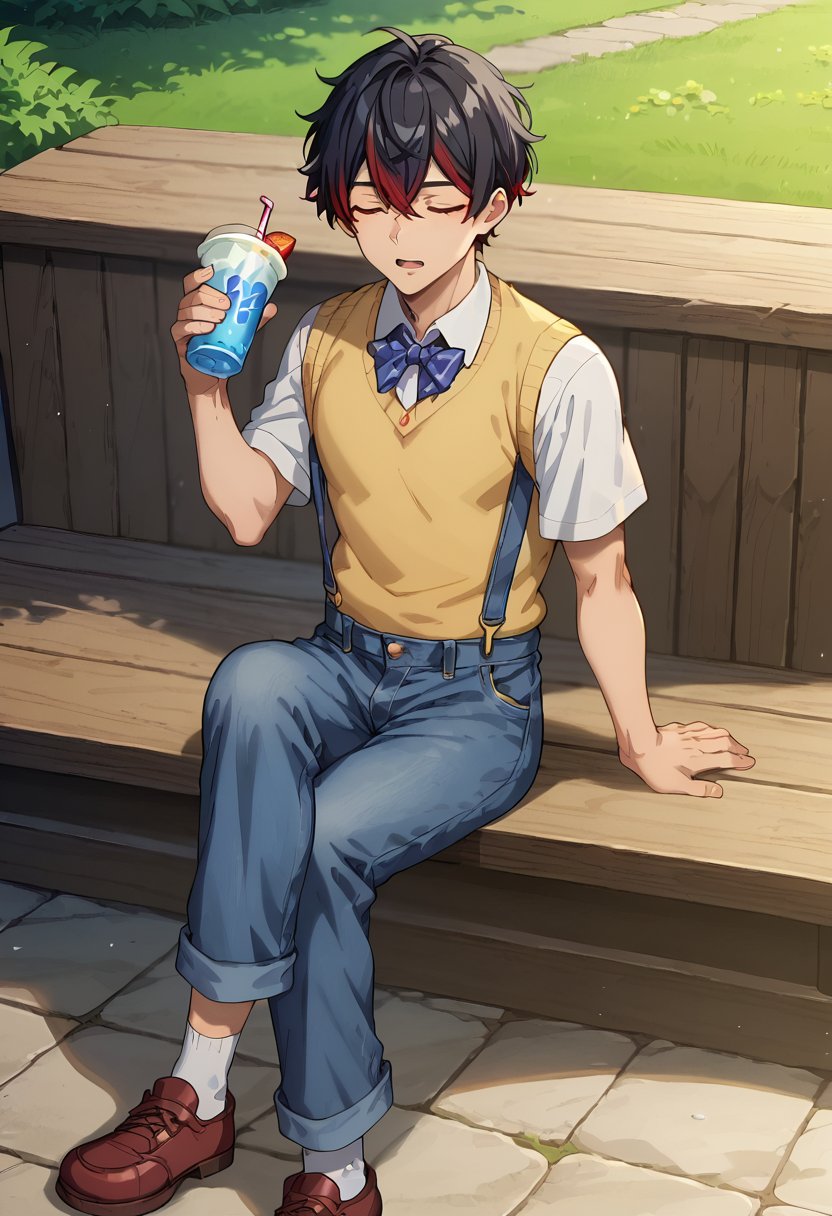 score_9, score_8_up, score_7_up, 1boy, ^ ^, (socks), alternate costume, bishounen, black hair, blue overalls, closed eyes, collared shirt, cowboy shot, creature, crossed legs, drink, gradient hair, hair between eyes, holding, holding drink, light particles, male focus, multicolored hair, open mouth, outdoors, overalls, red hair, red sweater vest, shirt, shoes, short hair, sitting, solo, suspenders, sweater vest, two-tone hair, virtual youtuber,Expressiveh, anime screencap,fine anime screencap