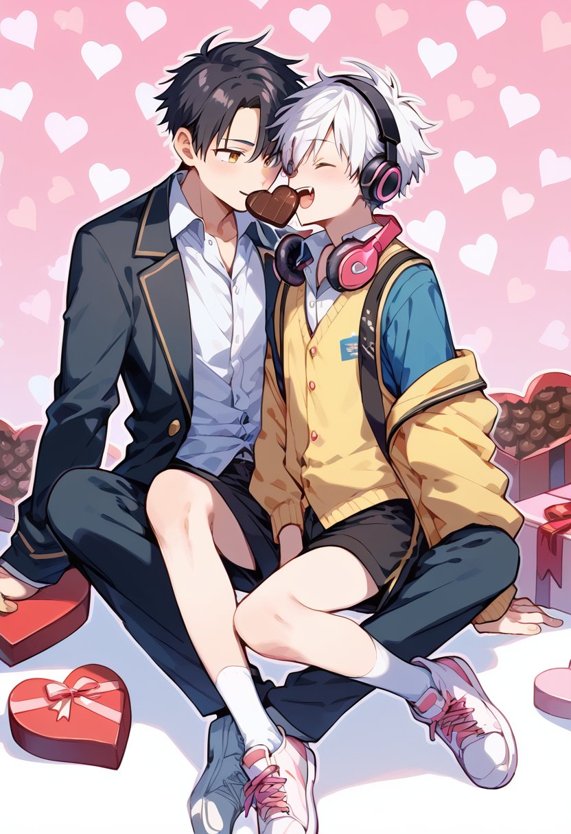 score_9, score_8_up, score_7_up, 2boys, black hair, black jacket, black legwear, black pants, black shorts, blue shirt, box, box of chocolates, chocolate, collared shirt, english text, fangs, feeding, food, gift, gift box, happy valentine, headphones, headphones around neck, heart, heart background, holding, holding box, holding chocolate, holding food, jacket, layered sleeves, long sleeves, male focus, multiple boys, open clothes, open jacket, open mouth, outline, pants, parted lips, patterned background, pink background, polka dot, polka dot background, shirt, shoes, short hair, shorts, sitting, sitting on person, sneakers, socks, teeth, valentine, vest, white footwear, white hair, white legwear, white outline, white shirt, yaoi, yellow vest