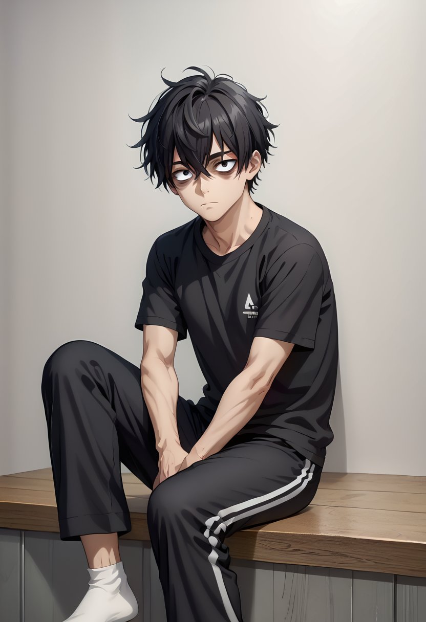 score_9, score_8_up, score_7_up, 1boy, (socks), bags under eyes, between legs, black hair, black pants, black shirt, closed mouth, expressionless, grey background, hair between eyes, hand between legs, looking at viewer, male focus, pants, shirt, short hair, short sleeves, simple background, sitting, solo, track pants, leg_lift, anime screencap,fine anime screencap