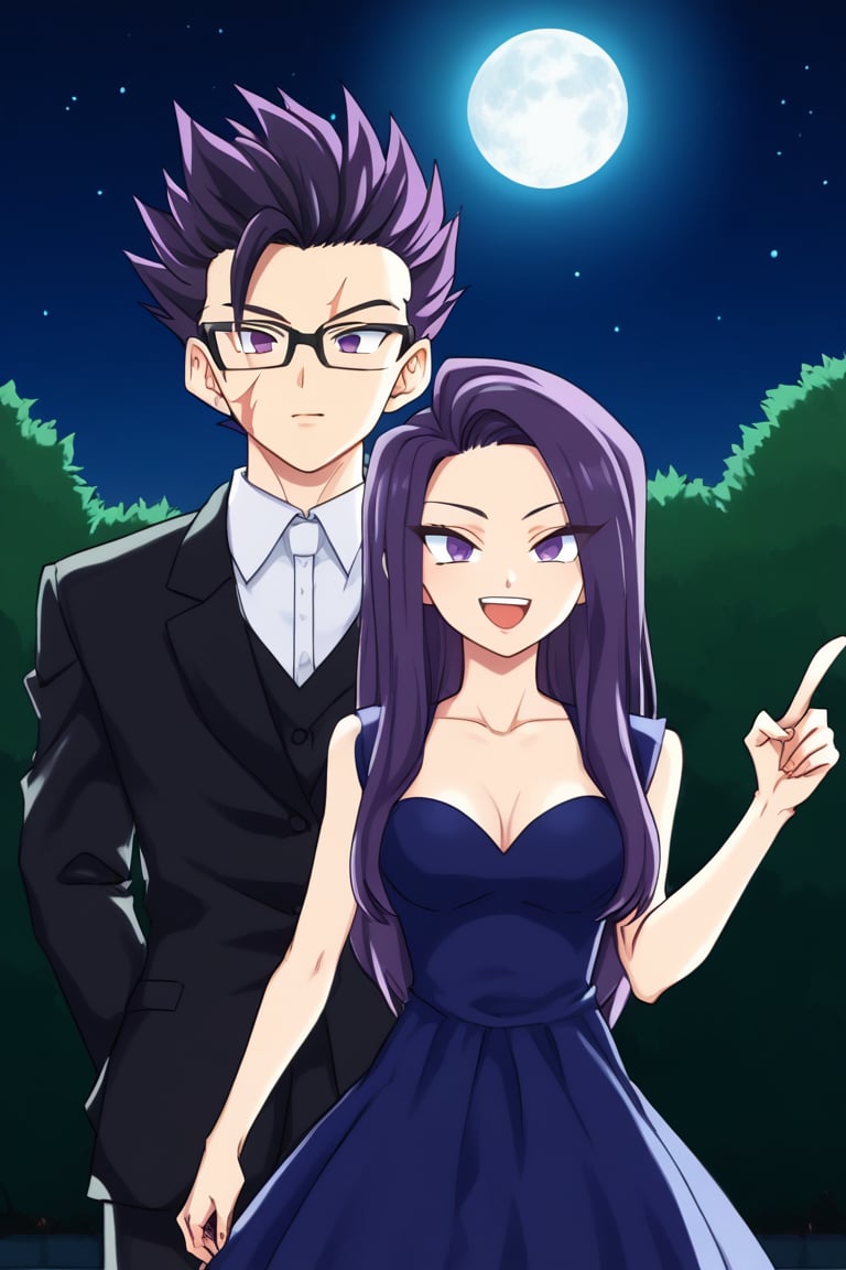 man and woman burning. light skinned man with black frame glasses, scar on left eye runs across top and bottom, intense expressive eyes, sharp femininity, dark iris, long spiky hair with a long pointy tuft pointing down, jet black hair, DARK GREY shirt, BLACK VEST. Woman smiles happily, purple eyes sweet joyful happy expression, long straight hair, tuft down to forehead, very dark purple hair, sleeveless dress, navy blue dress, dress with gold details, dress with cut out dress on chest leaving it uncovered. couple, together, background: clear night, park, lights, bushes, full moon