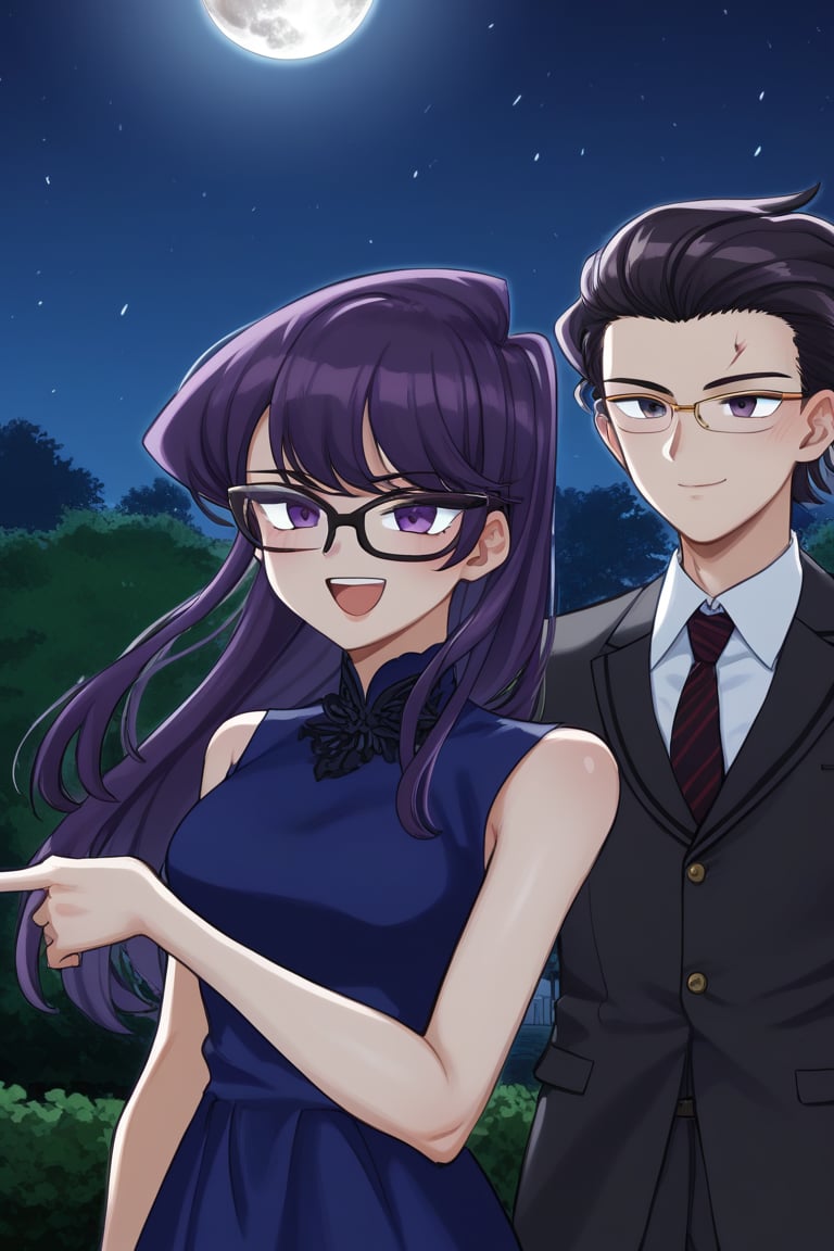 man and woman burned. light skinned man with black frame glasses, scar on left eye runs across top and bottom, intense expressive eyes, sharp femininity, dark iris, long spiky hair with a long pointy tuft pointing down, jet black hair, DARK GREY shirt, BLACK VEST. Woman smiles happily, purple eyes sweet joyful happy expression, long straight hair, tuft down to forehead, very dark purple hair, sleeveless dress, navy blue dress, dress with gold details, dress with cut dress on the chest leaving it uncovered. background: clear night, park, lights, bushes full moon