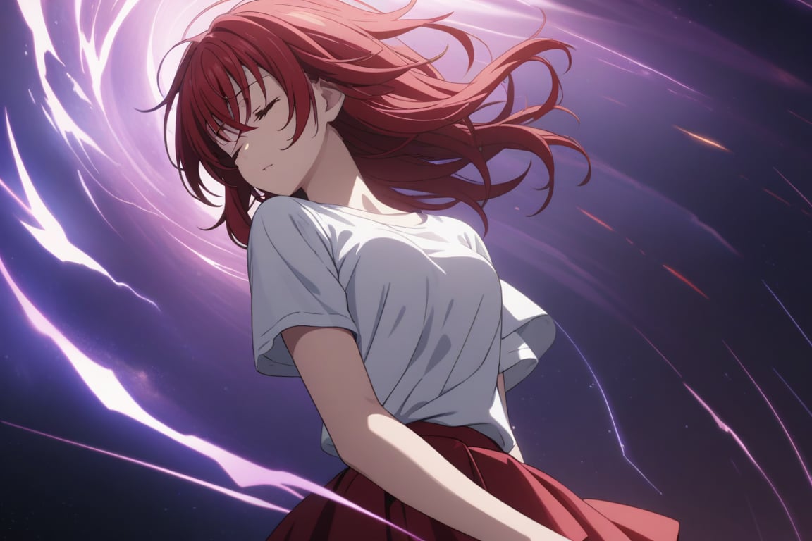 masterpiece, (intricate details, more details), cinematic lighting, extremely detailed 8k CG wallpaper, redhead woman white t-shirt red short skirt asleep falling into space, redhead woman white t-shirt red short skirt asleep, space, magic, purple, dark purple background, thunder,RIAS GREMORY