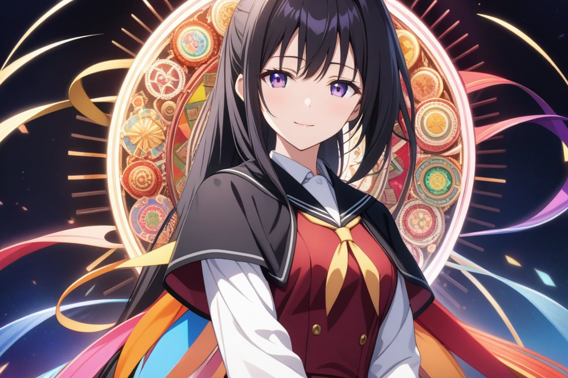 masterpiece, absurdres , (intricate details), (colorful),cinematic lighting,bust shot,extremely detailed CG unity 8k wallpaper, looking at viewer,  akenohimejima, black hair, very long hair, ponytail, school uniform, red skirt, ponytail, white shirt, black capelet, yellow ribbon, light smile,akeno himejima