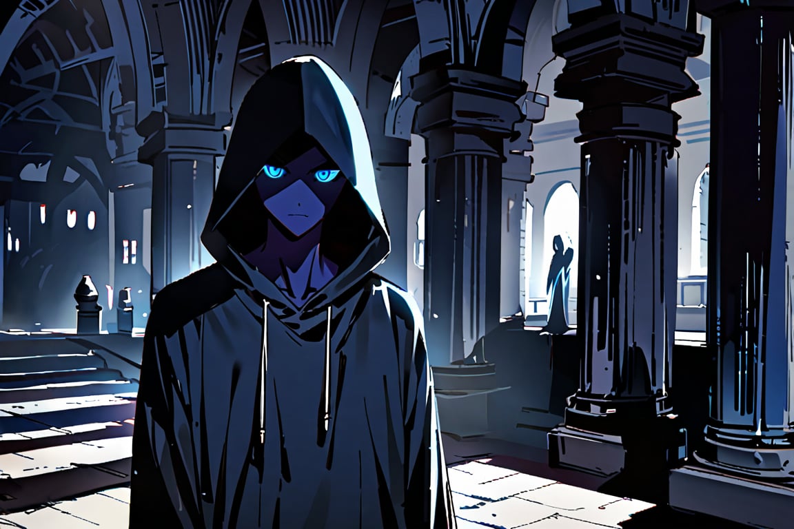 Ghost man, hooded, mysterious, dark hood, dark blue skin, gloomy, shadows, mysterious smile, only mouth, serious appearance, arrogant smile, blue eyes, taking background: blue and white castle, pillars, small table