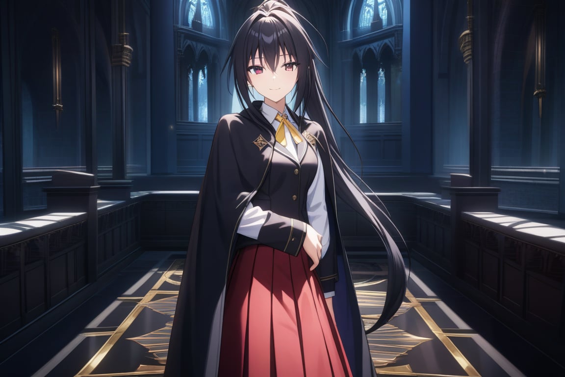 masterpiece, absurd, (intricate details), cinematic lighting, extremely detailed 8k CG wallpaper, akenohimejima, black hair, very long hair, ponytail, school uniform, red skirt, ponytail, white shirt, black cape, yellow ribbon, slight smile, akeno himejima, interior, dark castle, shadows, looking at viewer, alone