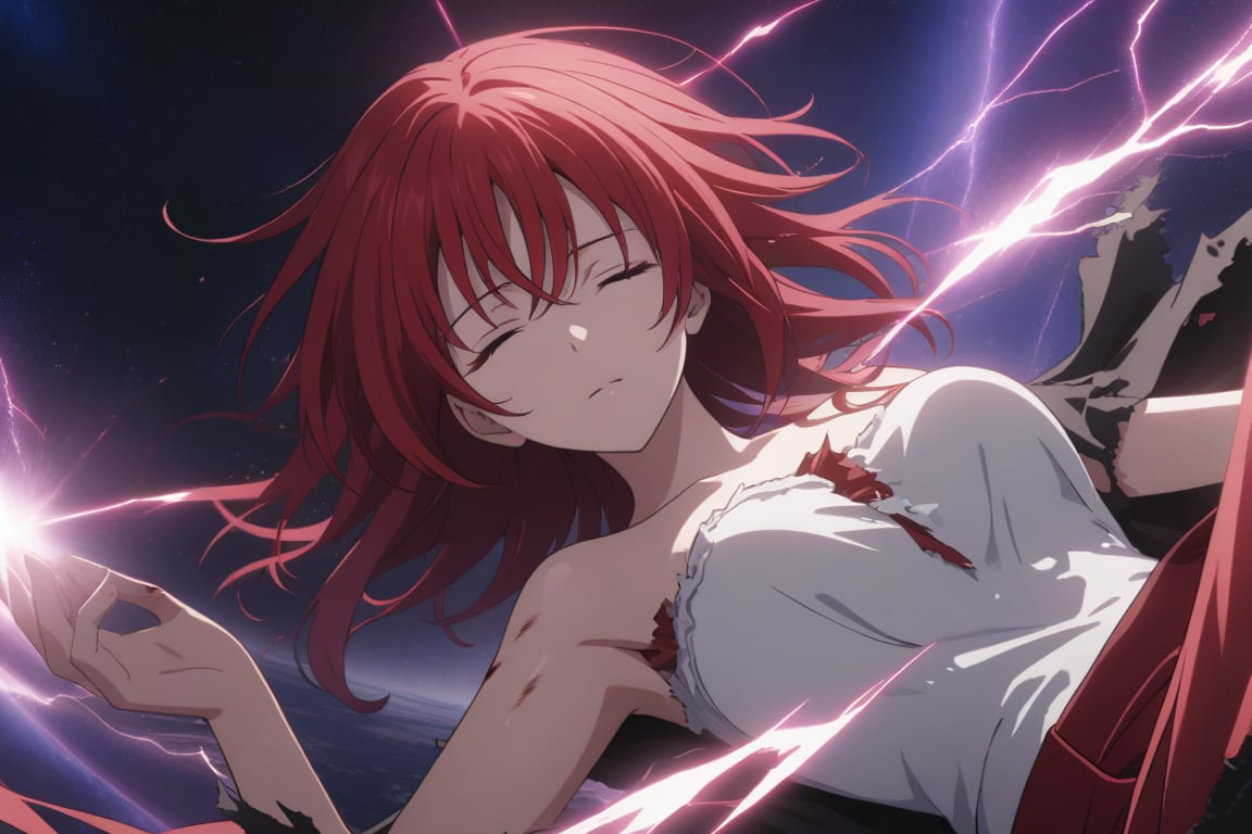 masterpiece, (intricate details, more details), cinematic lighting, extremely detailed 8k CG wallpaper, cinema, redhead woman sleeping, white strapless t-shirt red short skirt torn, falling, destroyed clothes with blood, injured redhead woman with wounds blood, torn destroyed clothes, space, magic, purple, dark purple background, thunder, lightning.,RIAS GREMORY