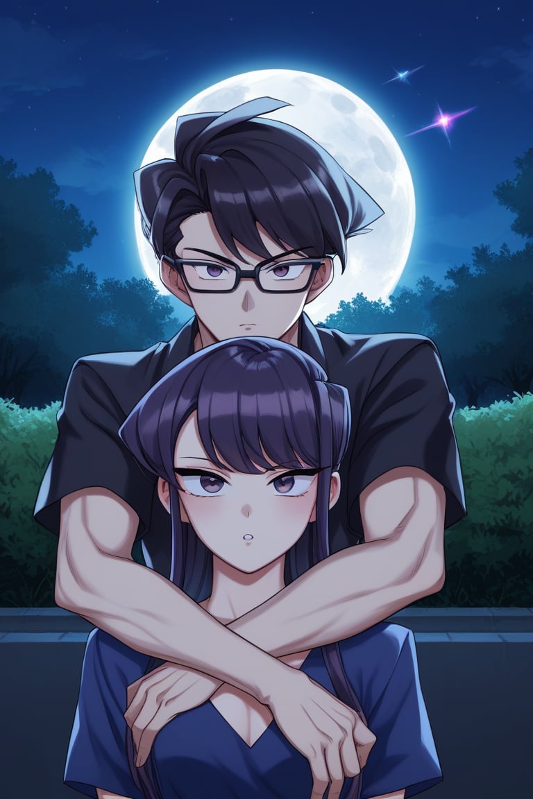 Man and woman hug. Light skinned man with black framed glasses, scar on left eye running across top and bottom, intense eyes, serious and sharp look, dark iris, long spiky jet black hair with a long spiky lock pointing down, jet black hair, DARK GREY t-shirt, BLACK VEST. Woman smiles happily, purple eyes, sweet and cheerful expression, long straight hair, lock reaching to forehead, very dark purple hair, sleeveless dress, navy blue dress, dress with gold details, dress with cut on chest leaving it exposed. background: clear night, park, lights, bushes, full moon, shouko komi, sayan, future, green clothes, blue clothes, sayamanglases, source_anime, score_7_up, score_8_up, score_9