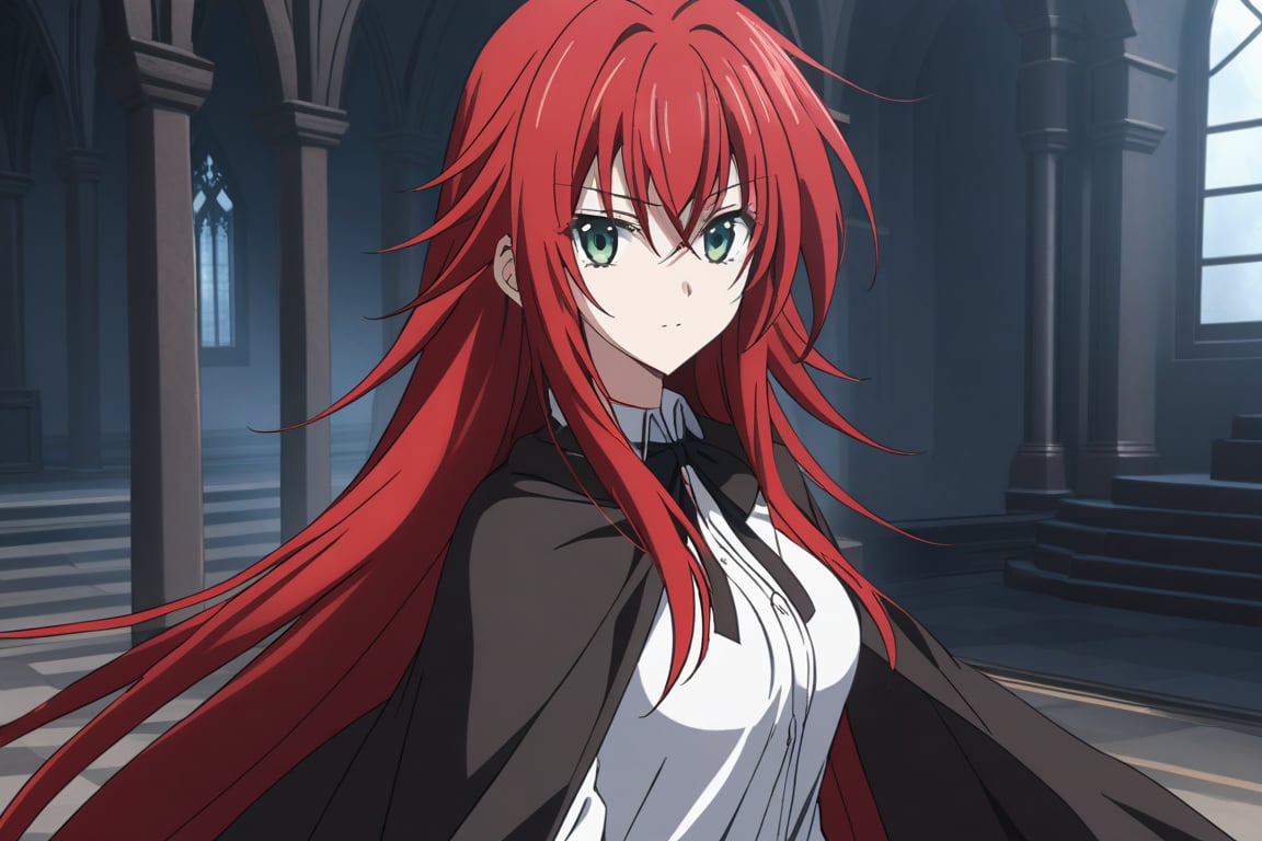 red haired woman, long hair, hair between eyes, green eyes, red hair, shirt, ribbon, school uniform, white shirt, black ribbon, ribbon on neck, cape, black cape, long sleeves, skirt, red skirt, interior, dark castle, shadows, looking at viewer, alone, RIAS GREMORY