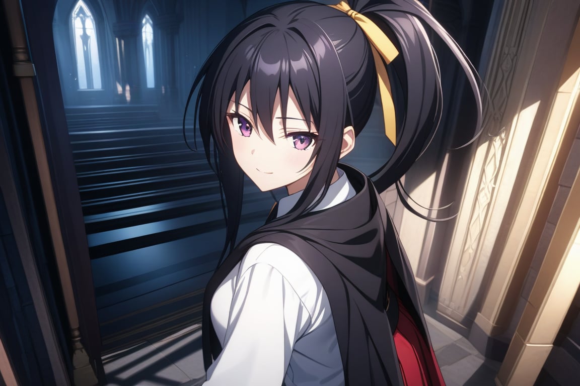 masterpiece, absurd, (intricate details), cinematic lighting, extremely detailed 8k CG wallpaper, akenohimejima, black hair, very long hair, ponytail, school uniform, red skirt, ponytail, white shirt, black cape, yellow ribbon, slight smile, akeno himejima, interior, dark castle, shadows, looking at viewer, alone