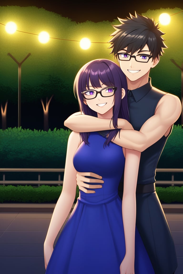 Man and woman smiling in a friendly manner, with black-framed glasses that highlight their determined and kind eyes. Scar on the left eye that runs across the top and bottom, black hair, spiky with a wavy pointy tuft down, Wears a dark gray shirt with a tight black sleeveless vest, with a wide smile, hugging a Woman with a wide smile and closed eyes with a sweet and cheerful expression, her big purple eyes framed by black-framed glasses. Long, straight, very dark purple hair, wears a sleeveless navy blue dress with gold details, which has a slit at chest height, leaving it partially uncovered.
background clear night, park, lights, bushes