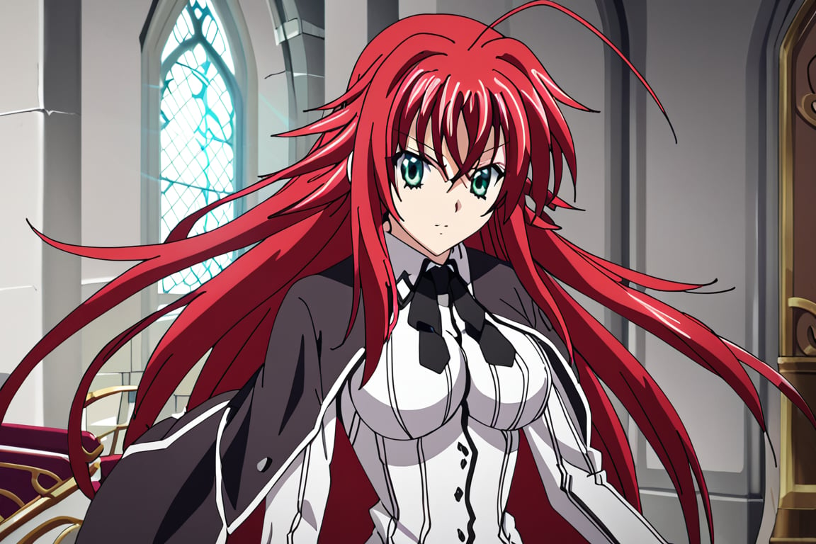 score_9, score_8_up, score_7_up, source_anime,riasgremory, ,rias gremory, huge ahoge, long hair, hair between eyes, green eyes, red hair, shirt, ribbon, school uniform, white shirt, black ribbon, ribbon around neck, cape, black cape, long sleeves, skirt, red skirt, interior, dark castle, shadows, facing viewer, alone, RIAS GREMORY