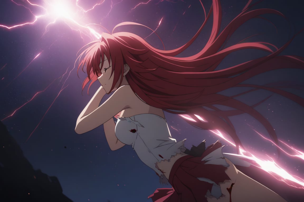 masterpiece, (intricate details, more details), cinematic lighting, extremely detailed 8k CG wallpaper, cinema, redhead woman sleeping, white strapless t-shirt red short skirt torn, straight long red hair, falling, destroyed clothes with blood, woman redhead injured with blood wounds, torn destroyed clothes, space, magic, purple, dark purple background, thunder, lightning.,RIAS GREMORY