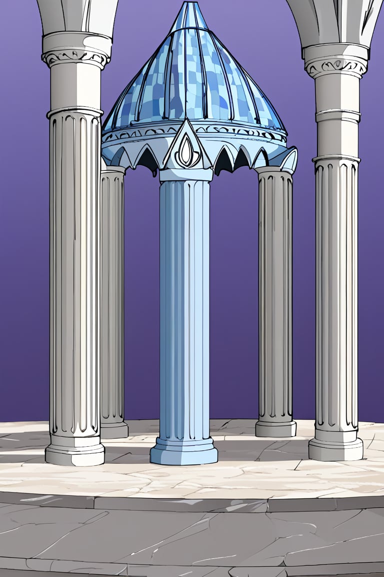 Hooded, mysterious, dark, light blue skin, light blue castle background, pillars, small table