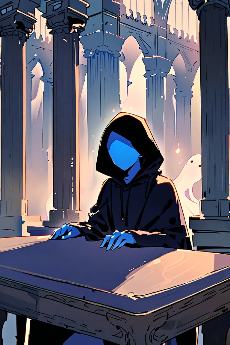 ghost man, hooded, mysterious, dark hood, light blue skin, gloomy, mysterious smile, mouth only, background: blue and white castle, pillars, small table