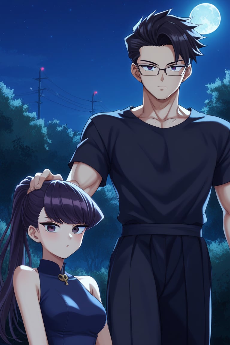 Man and woman hug. Light skinned man with black framed glasses, scar on left eye running across top and bottom, intense eyes, serious and sharp look, dark iris, long spiky jet black hair with a long spiky lock pointing down, jet black hair, DARK GREY t-shirt, BLACK VEST. Woman smiles happily, purple eyes, sweet and cheerful expression, long straight hair, lock reaching to forehead, very dark purple hair, sleeveless dress, navy blue dress, dress with gold details, dress with cut on chest leaving it exposed. background: clear night, park, lights, bushes, full moon, shouko komi, sayan, future, green clothes, blue clothes, sayamanglases, source_anime, score_7_up, score_8_up, score_9