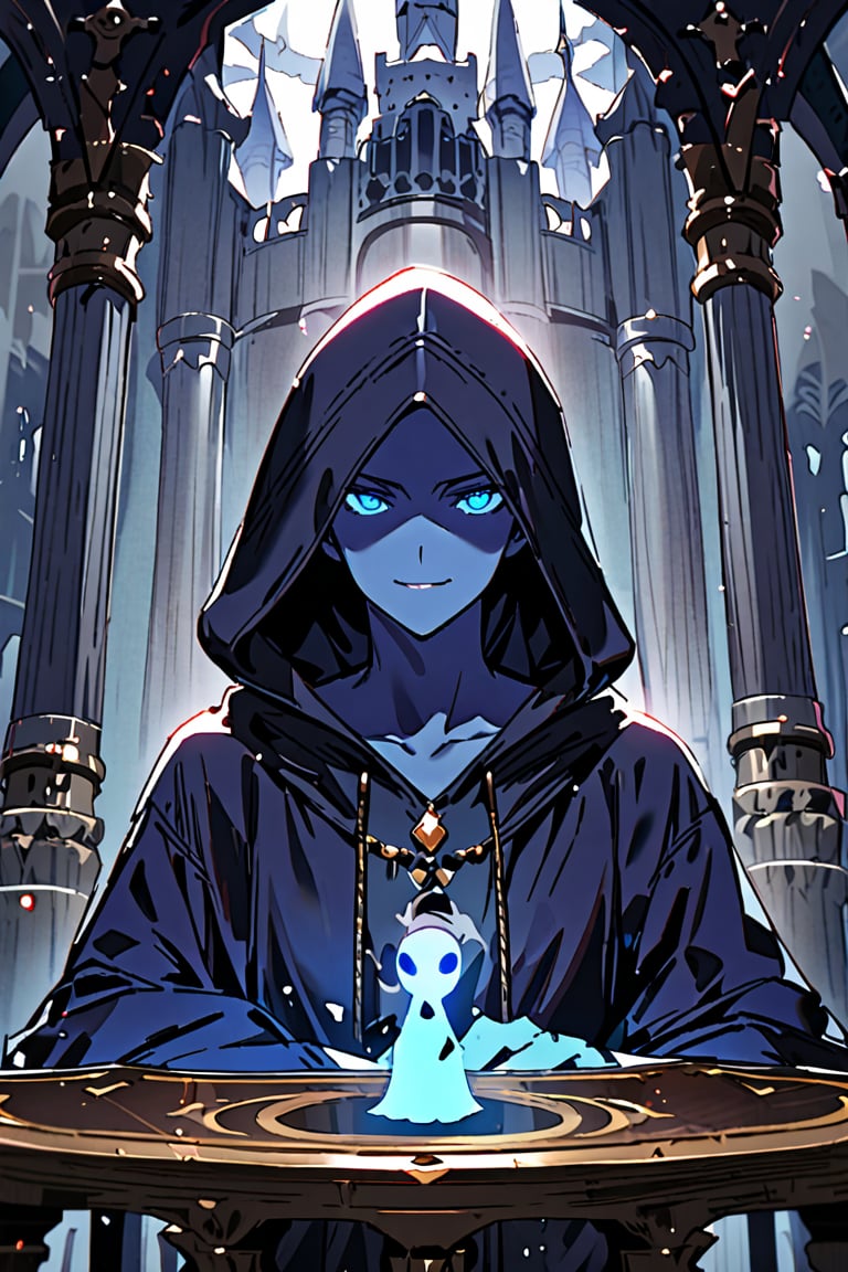 ghost man, hooded, mysterious, dark hood, light blue skin, gloomy, mysterious smile, only mouth, serious appearance, arrogant smile, blue eyes background: blue and white castle, pillars, small table