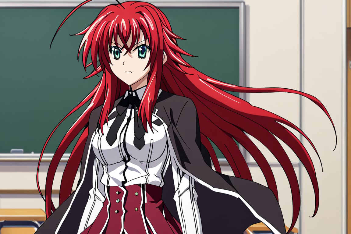 score_9, score_8_up, score_7_up, source_anime,riasgremory, ,rias gremory, huge ahoge, long hair, hair between eyes, green eyes, red hair, shirt, ribbon, school uniform, white shirt, black ribbon, ribbon around neck, cape, black cape, long sleeves, skirt, red skirt, indoor, classroom, facing viewer, alone, RIAS GREMORY