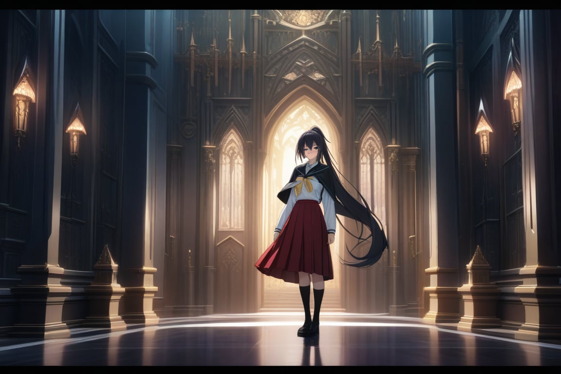 masterpiece, absurd, (intricate details), cinematic lighting, wide shot, extremely detailed 8k CG wallpaper, akenohimejima, black hair, very long hair, ponytail, school uniform, red skirt, ponytail, white shirt, black cape, yellow ribbon, slight smile, akeno himejima, interior, dark castle, shadows, looking at viewer, alone
