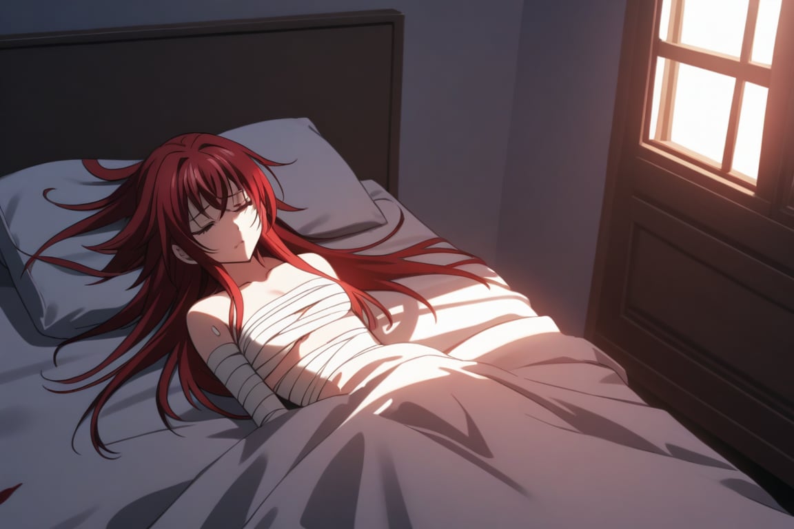 Full body, red-haired woman with sad and painful expression, sleeping with bandages all over her body, full body bandages, injured right eye, suffering expression, thin black short strappy dress, woman with wounds, bumps, bruises, injured face, bloody wounds, woman with cuts on her body, at the back of a room on a bed with a window in sunlight, asleep looking up, RIAS GREMORY