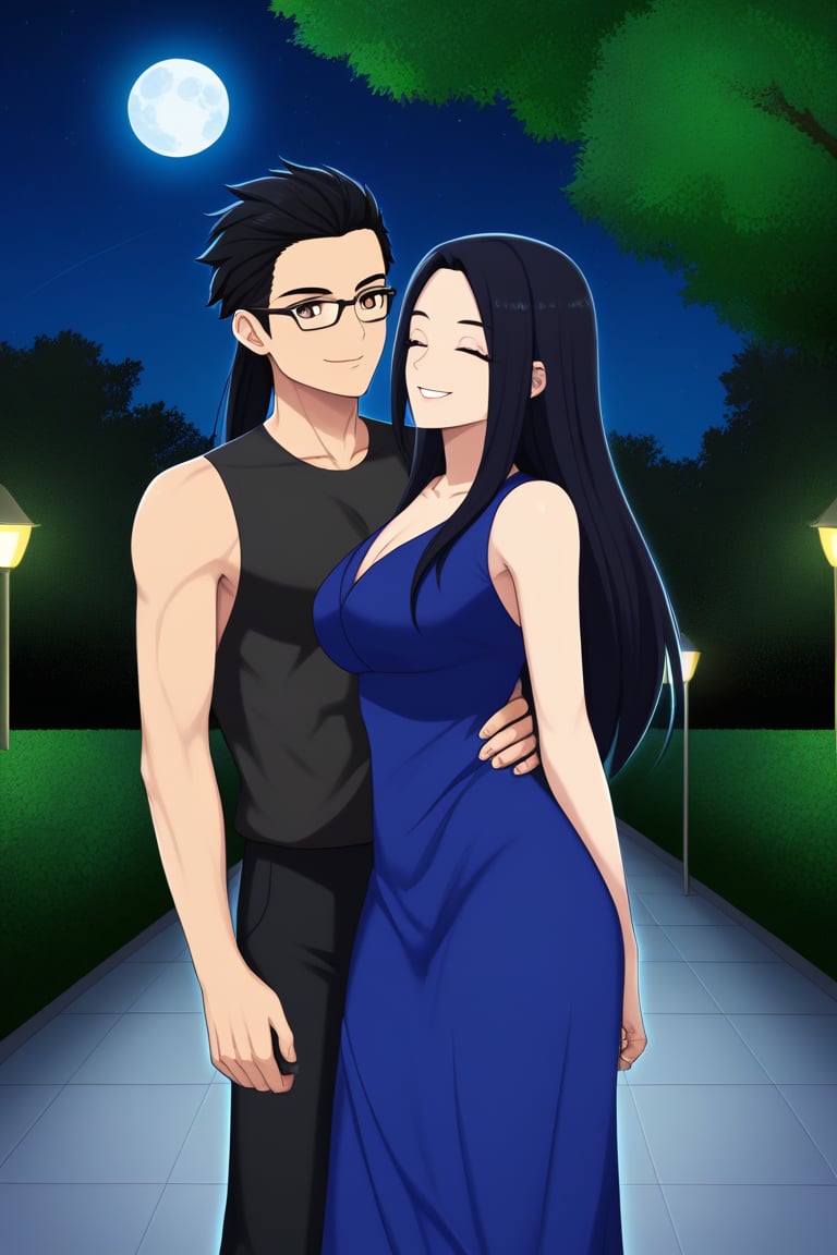 man and woman smiling in a manner, man with black frame glasses, scar on left eye that runs across the top and bottom, black hair, spiky with a pointy quiff down, dark grey shirt with a black vest, woman smiles widely and eyes closed with a sweet and cheerful expression, long hair, straight quiff up to forehead very dark purple, sleeveless navy blue dress with gold details, slit at chest level, leaving it partially uncovered. background: clear night, park, lights, bushes, full moon
