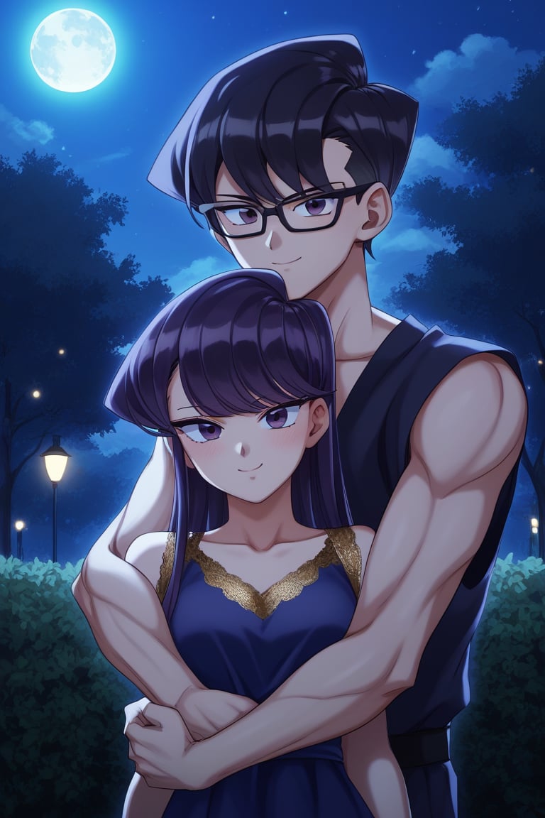 Man and woman hug. Light skinned man with black framed glasses, scar on left eye running across top and bottom, intense eyes, serious and sharp look, dark iris, long spiky jet black hair with a long spiky lock pointing down, jet black hair, DARK GREY t-shirt, BLACK VEST, half sideways smile. Woman smiles happily, purple eyes, sweet and cheerful expression, long straight hair, lock reaching to forehead, very dark purple hair, sleeveless dress, navy blue dress, dress with gold details, gold lace dress, dress with cut out on chest exposed. background: clear night, park, lights, bushes, full moon, shouko komi, sayan, future, green clothes, blue clothes, sayamanglases, source_anime, score_7_up, score_8_up, score_9