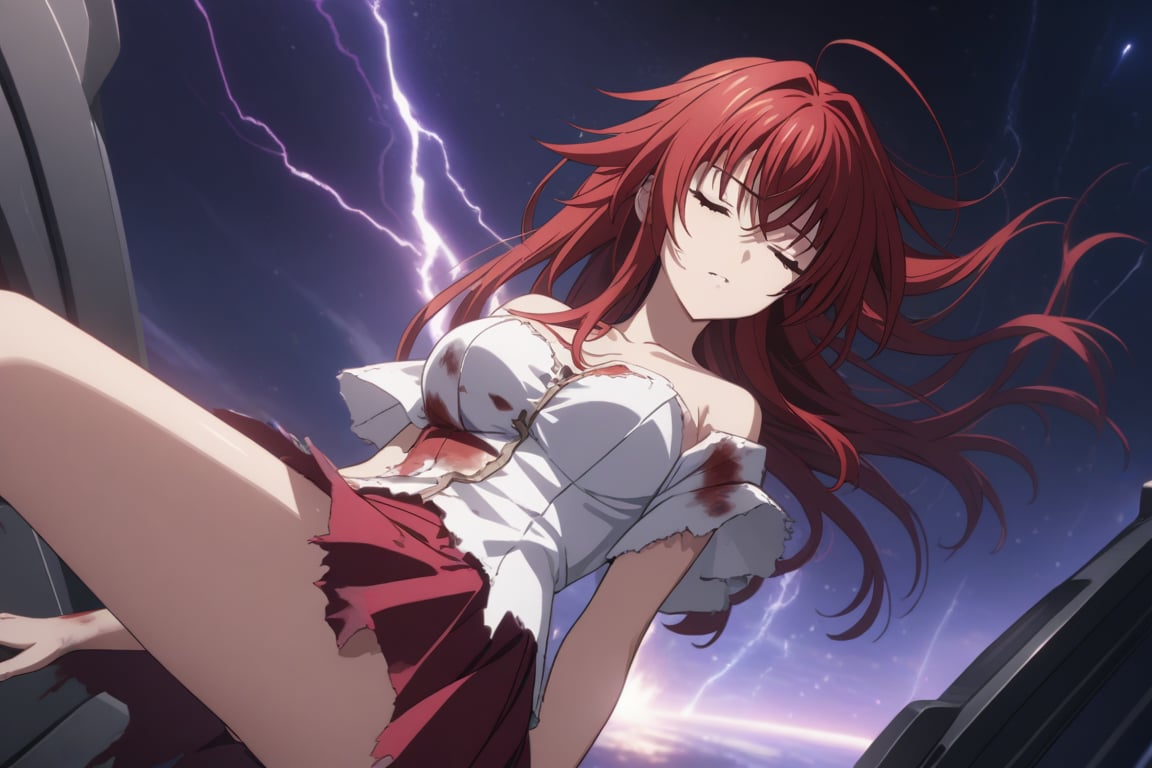 masterpiece, (intricate details, more details), cinematic lighting, extremely detailed 8k CG wallpaper, cinema, redhead woman sleeping, white strapless t-shirt red short skirt torn, straight long red hair, falling, destroyed clothes with blood, woman redhead injured with blood wounds, torn destroyed clothes, space, magic, purple, dark purple background, thunder, lightning.,RIAS GREMORY