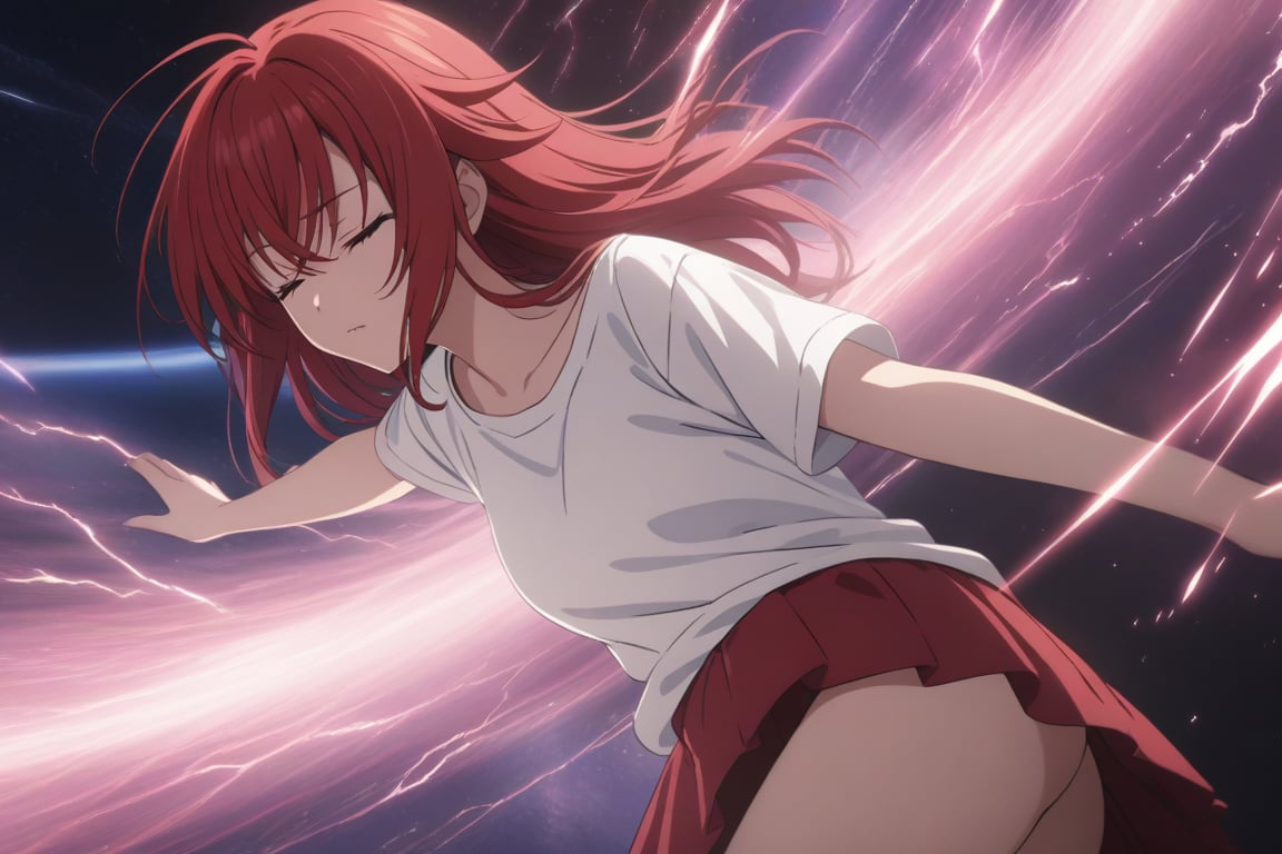 masterpiece, (intricate details, more details), cinematic lighting, extremely detailed 8k CG wallpaper, redhead woman white t-shirt red short skirt asleep falling into space, redhead woman white t-shirt red short skirt asleep, space, magic, purple, dark purple background, thunder,RIAS GREMORY