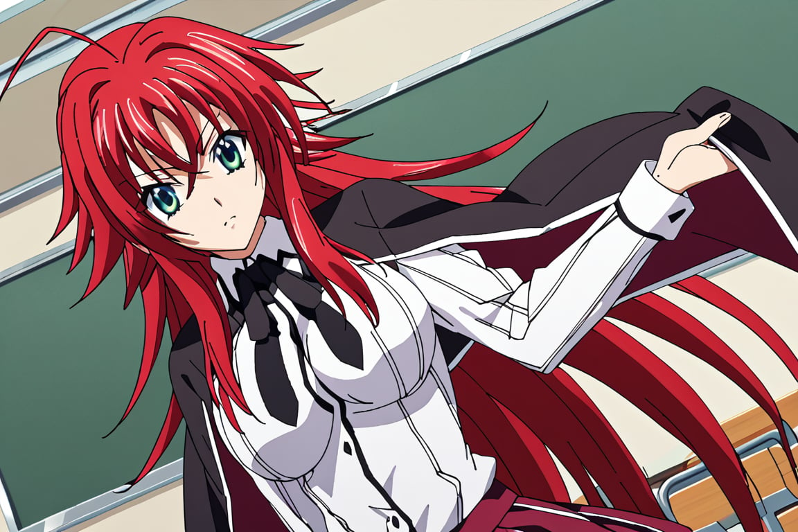 score_9, score_8_up, score_7_up, source_anime,riasgremory, ,rias gremory, huge ahoge, long hair, hair between eyes, green eyes, red hair, shirt, ribbon, school uniform, white shirt, black ribbon, ribbon on neck, cape, black cape, long sleeves, skirt, red skirt, interior, classroom, looking at viewer,RIAS GREMORY