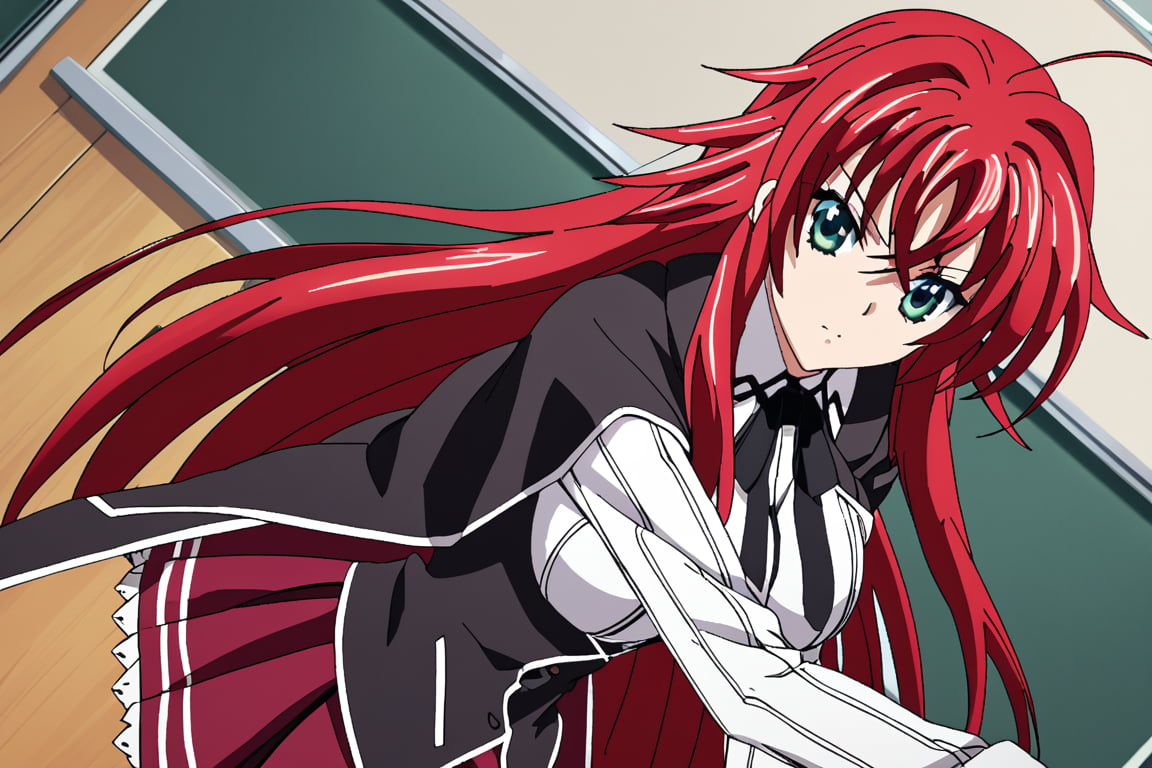 score_9, score_8_up, score_7_up, source_anime,riasgremory, ,rias gremory, huge ahoge, long hair, hair between eyes, green eyes, red hair, shirt, ribbon, school uniform, white shirt, black ribbon, ribbon on neck, cape, black cape, long sleeves, skirt, red skirt, interior, classroom, looking at viewer,RIAS GREMORY