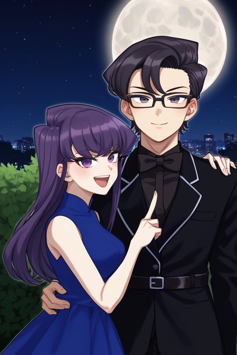 man and woman burning. light skinned man with black frame glasses, scar on left eye runs across top and bottom, intense expressive eyes, sharp femininity, dark iris, long spiky hair with a long pointy tuft pointing down, jet black hair, DARK GREY shirt, BLACK VEST. Woman smiles happily, purple eyes sweet joyful happy expression, long straight hair, tuft down to forehead, very dark purple hair, sleeveless dress, navy blue dress, dress with gold details, dress with cut out dress on chest leaving it uncovered. couple, together, background: clear night, park, lights, bushes, full moon