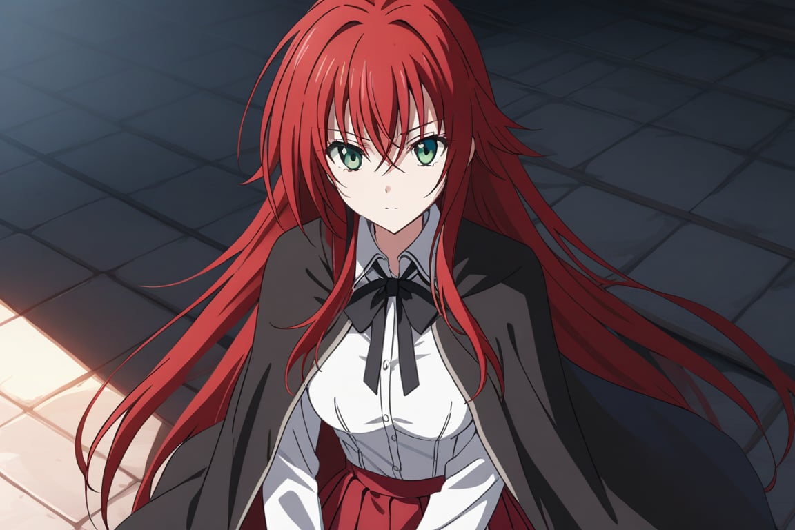 red haired woman, long hair, hair between eyes, green eyes, red hair, shirt, ribbon, school uniform, white shirt, black ribbon, ribbon on neck, cape, black cape, long sleeves, skirt, red skirt, interior, dark castle, shadows, looking at viewer, alone, RIAS GREMORY