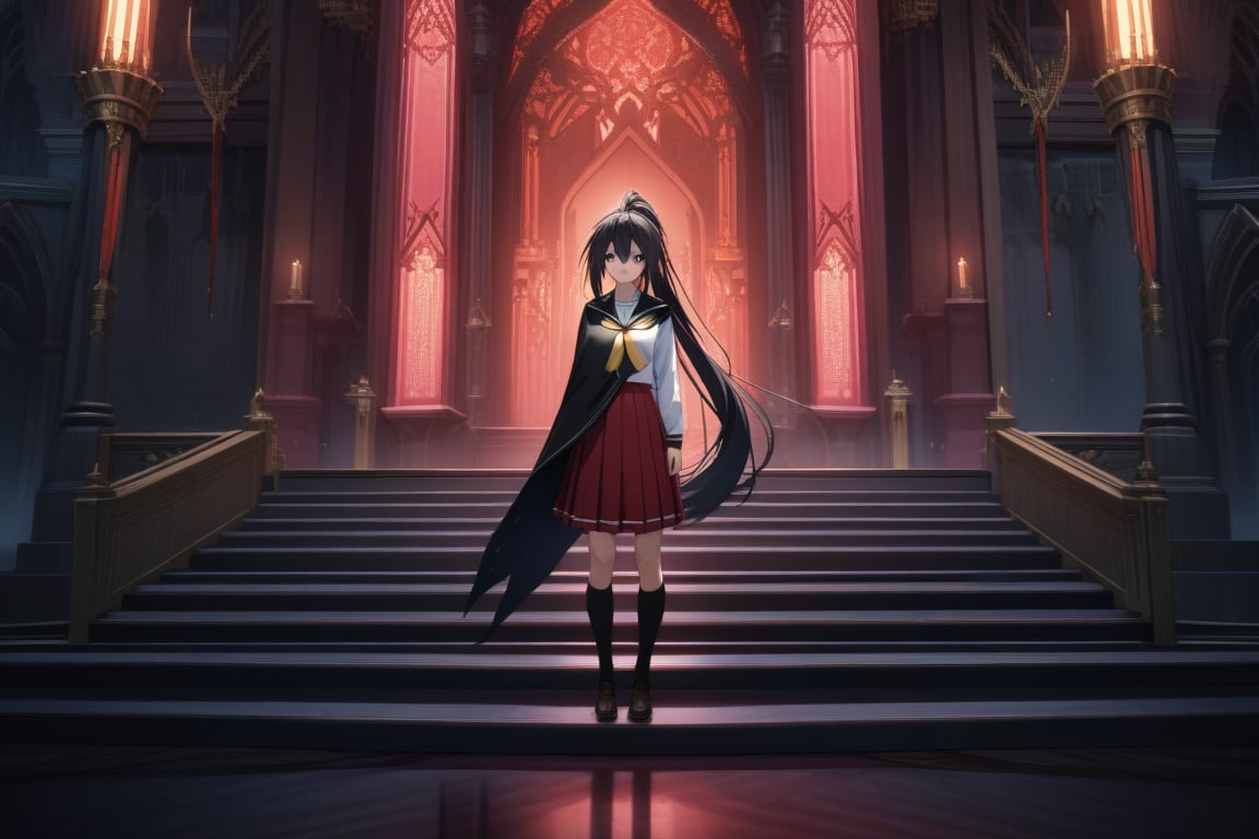 masterpiece, absurd, (intricate details), cinematic lighting, wide shot, extremely detailed 8k CG wallpaper, akenohimejima, black hair, very long hair, ponytail, school uniform, red skirt, ponytail, white shirt, black cape, yellow ribbon, slight smile, akeno himejima, interior, dark castle, shadows, looking at viewer, alone
