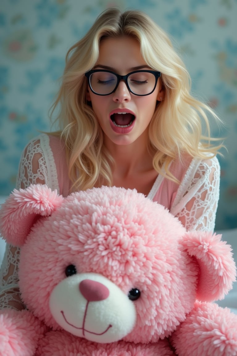 A romantic style painting of a pretty, young blond-haired woman with black-framed glasses. She is wearing white and pink lace pyjamas and is sitting on a large pink teddy bear. The background is abstract with cool colours. The woman has her eyes closed and her face reflects an intense feeling of explosive emotion. The painting has motion blur due to her thrusting movements back and forth upon the bear. She is about to open her mouth to let out a scream. Her thrusts are becoming faster and faster with every stroke, and she leans forward holding the bear for support.