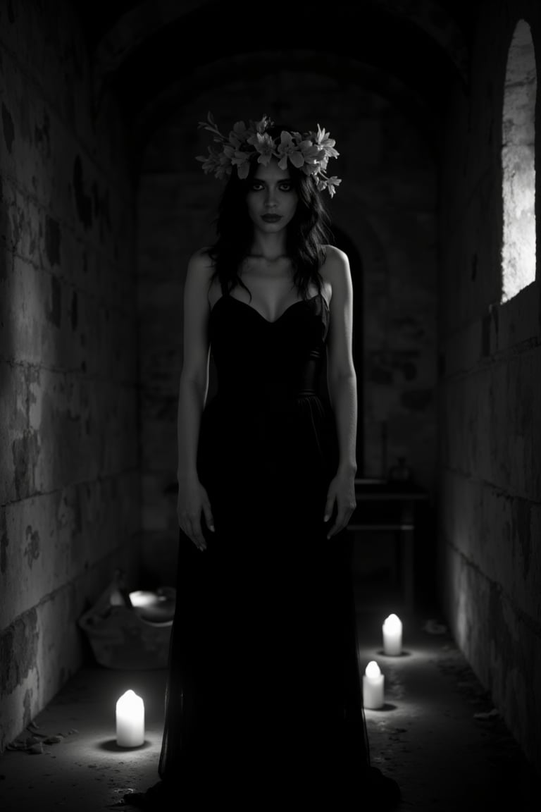 A black and white gothic photography image by Jeremy Mann. The image is almost scary. A woman with dark hair and makeup is wearing a black dress and a crown of flowers on her head. She is standing in a dark room with a few candles. The room has gothic architecture with stone walls, arched doorways, and a vaulted ceiling., candles flicker on the floor behind her