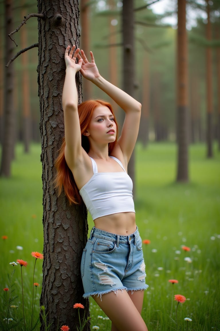 A serene and picturesque outdoor photograph captures a stunningly young 18-year-old woman effortlessly leaning against a towering tree. She exudes a sense of freedom and relaxation, with her arms raised above her head, embracing the open sky. Clad in casual attire, she wears a white tube top and form-fitted denim shorts, complementing her natural beauty. Her red hair cascades down her back, framing her face. The lush green forest serves as a breathtaking backdrop, teeming with tall trees, vibrant grass, and an enchanting array of wildflowers, all harmoniously coming together to create an aura of tranquility and peace.